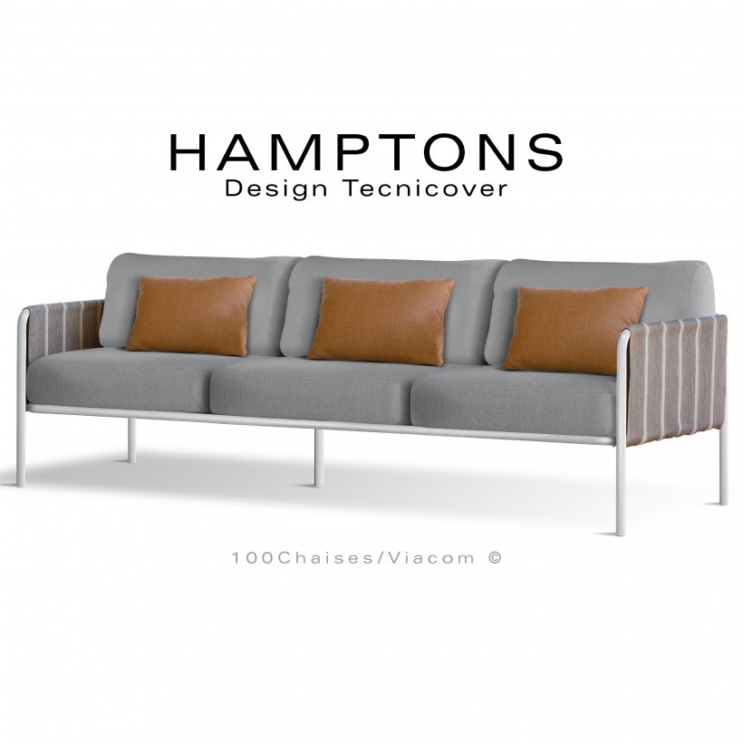 Canapé d'extérieur HAMPTONS, 3 places, acier galvanisé peint blanc, assise 6 coussins argent + 3 oranges.