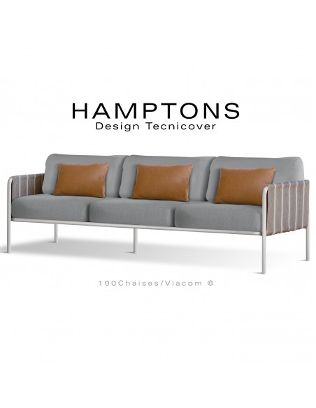 Canapé d'extérieur HAMPTONS, 3 places, acier galvanisé peint blanc, perle assise 6 coussins argent + 3 oranges.