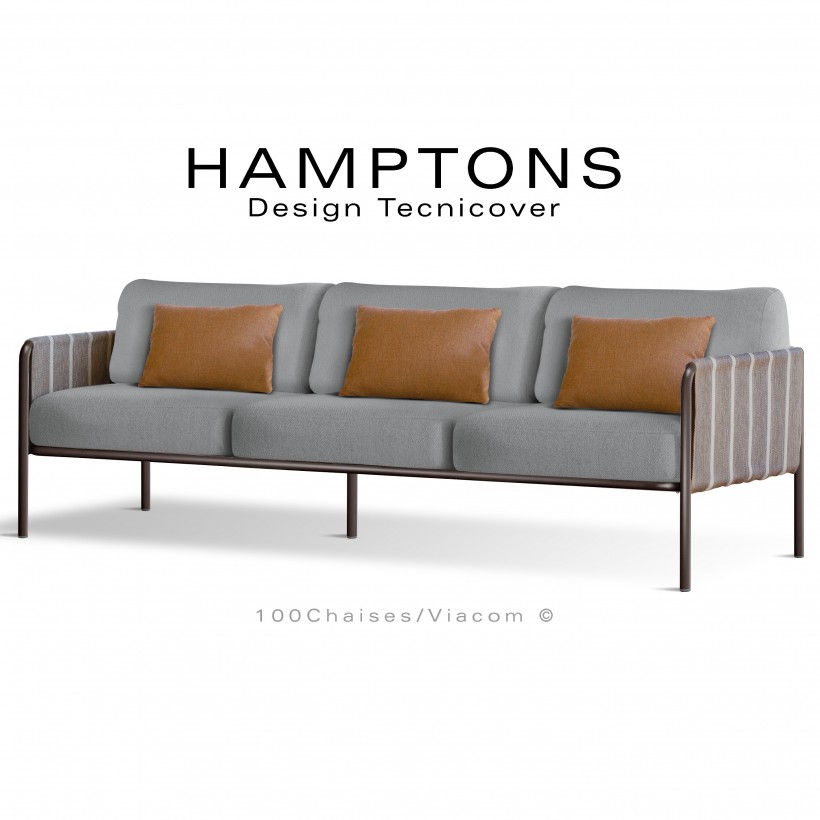 Canapé d'extérieur HAMPTONS, 3 places, acier galvanisé peint bronze assise 6 coussins argent + 3 oranges.