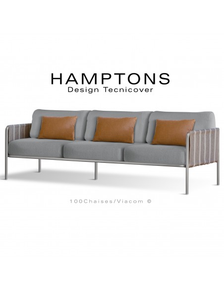 Canapé d'extérieur HAMPTONS, 3 places, acier galvanisé peint gris Tourterelle assise 6 coussins argent + 3 oranges.