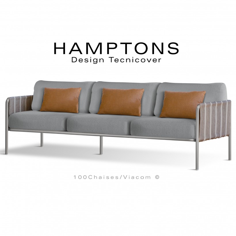 Canapé d'extérieur HAMPTONS, 3 places, acier galvanisé peint gris Tourterelle assise 6 coussins argent + 3 oranges.