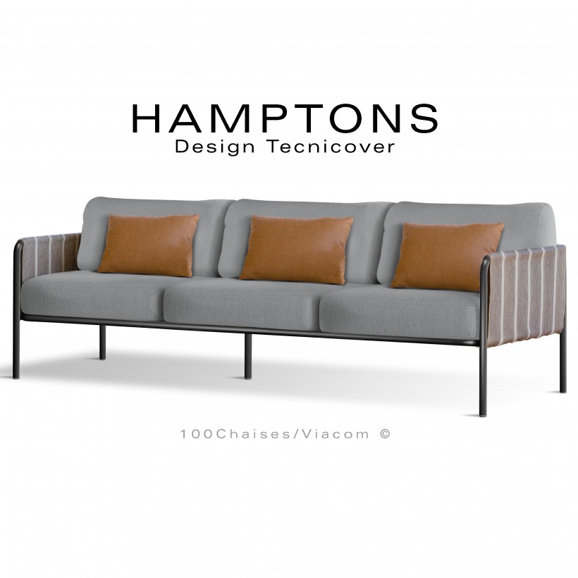 Canapé d'extérieur HAMPTONS, 3 places, acier galvanisé peint noir assise 6 coussins argent + 3 oranges.