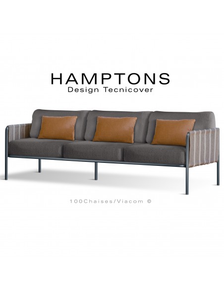 Canapé d'extérieur HAMPTONS, 3 places, acier galvanisé peint anthracite, assise 6 coussins gris foncé + 3 oranges.