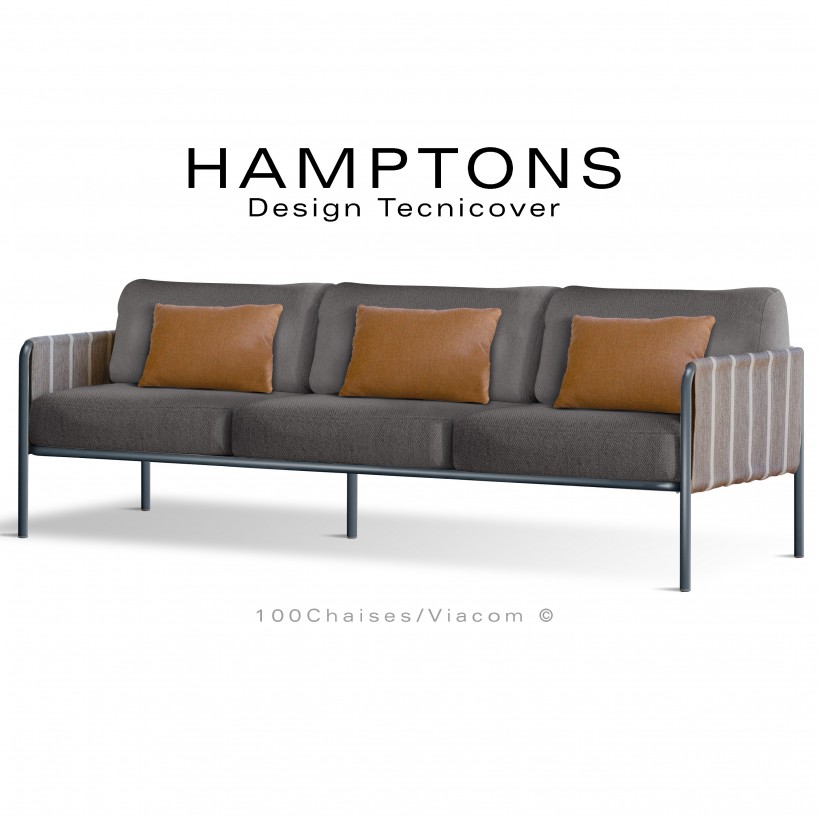 Canapé d'extérieur HAMPTONS, 3 places, acier galvanisé peint anthracite, assise 6 coussins gris foncé + 3 oranges.