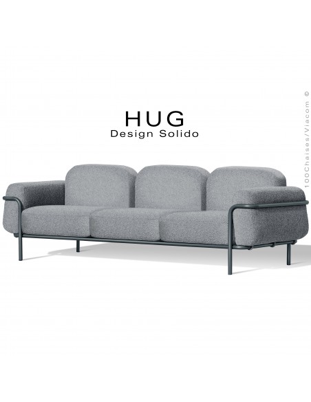 Canapé d'extérieur HUG, structure acier peint anthracite, assise 6 coussins habillage tissu argent avec accoudoirs.