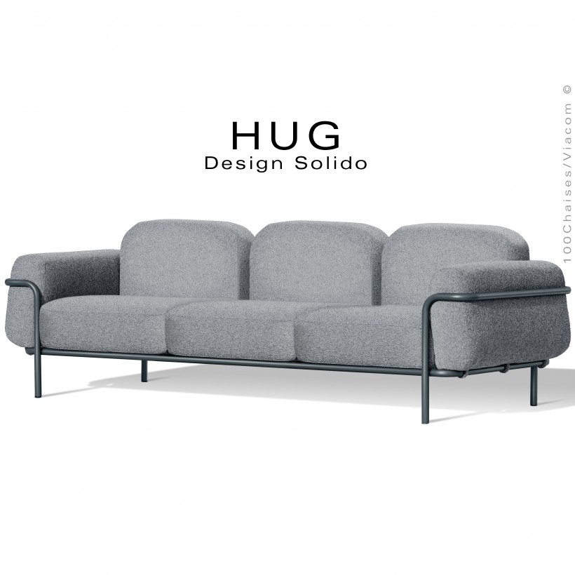 Canapé d'extérieur HUG, structure acier peint anthracite, assise 6 coussins habillage tissu argent avec accoudoirs.