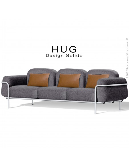 Canapé d'extérieur HUG, structure acier peint blanc, assise 6 coussins habillage tissu gris foncé avec accoudoirs +3 coussins.