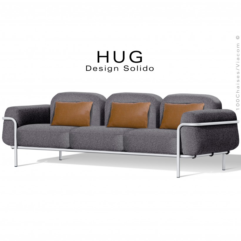 Canapé d'extérieur HUG, structure acier peint blanc, assise 6 coussins habillage tissu gris foncé avec accoudoirs +3 coussins.