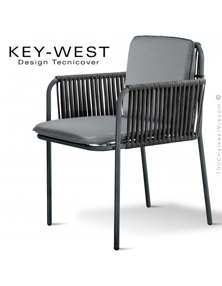 Fauteuil KEY-WEST, acier peint anthracite, assise et dossier coussins tissu argent, accoudoirs tressage corde noir.