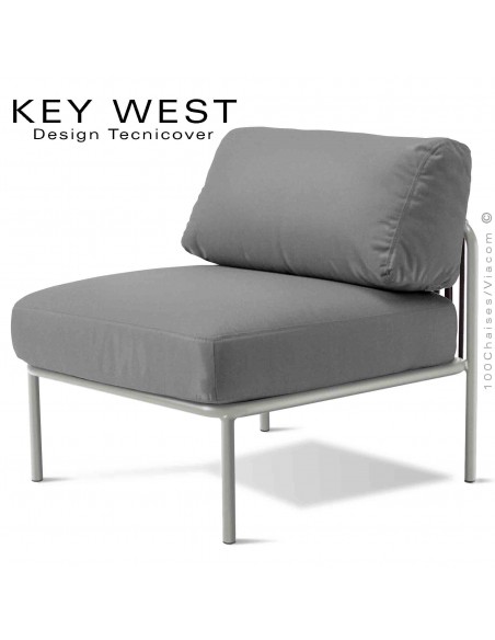 Module central banquette KEY-WEST, acier peint blanc perle, assise 2 coussins tissu argent, tressage corde noir.