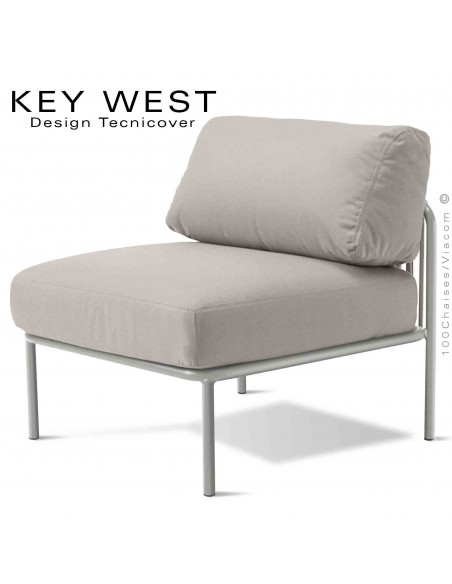 Module central banquette KEY-WEST, acier peint blanc perle, assise 2 coussins tissu crème, tressage corde crème.