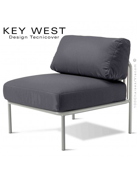 Module central banquette KEY-WEST, acier peint blanc perle, assise 2 coussins tissu gris foncé, tressage corde crème.