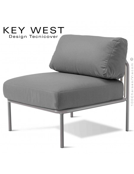 Module central banquette KEY-WEST, structure gris Tourterelle, assise 2 coussins tissu argent, tressage corde crème.