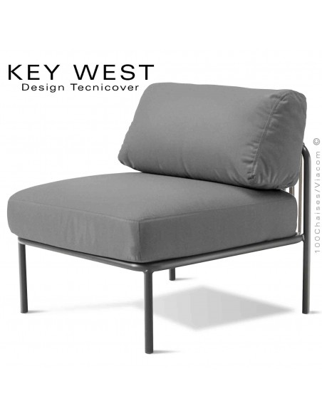 Module central banquette KEY-WEST, structure peint noir, assise 2 coussins tissu argent, tressage corde crème.