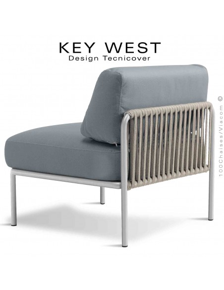 Module central banquette KEY-WEST, acier peint blanc perle, assise 2 coussins tissu argent, tressage corde crème.