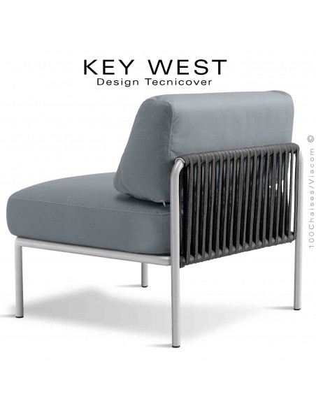 Module central banquette KEY-WEST, acier peint blanc perle, assise 2 coussins tissu argent, tressage corde noir.