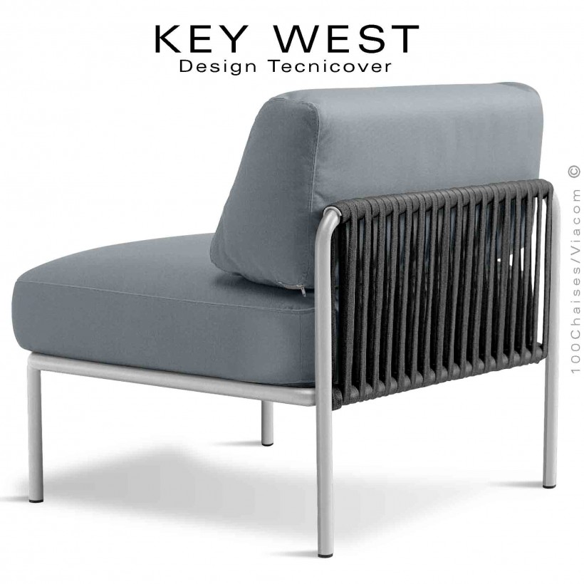 Module central banquette KEY-WEST, acier peint blanc perle, assise 2 coussins tissu argent, tressage corde noir.