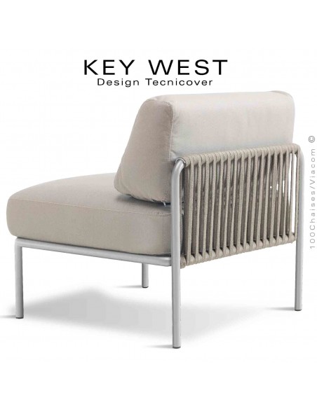 Module central banquette KEY-WEST, acier peint blanc perle, assise 2 coussins tissu crème, tressage corde crème.