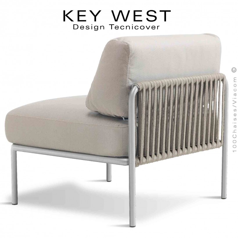 Module central banquette KEY-WEST, acier peint blanc perle, assise 2 coussins tissu crème, tressage corde crème.