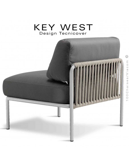 Module central banquette KEY-WEST, acier peint blanc perle, assise 2 coussins tissu gris foncé, tressage corde crème.