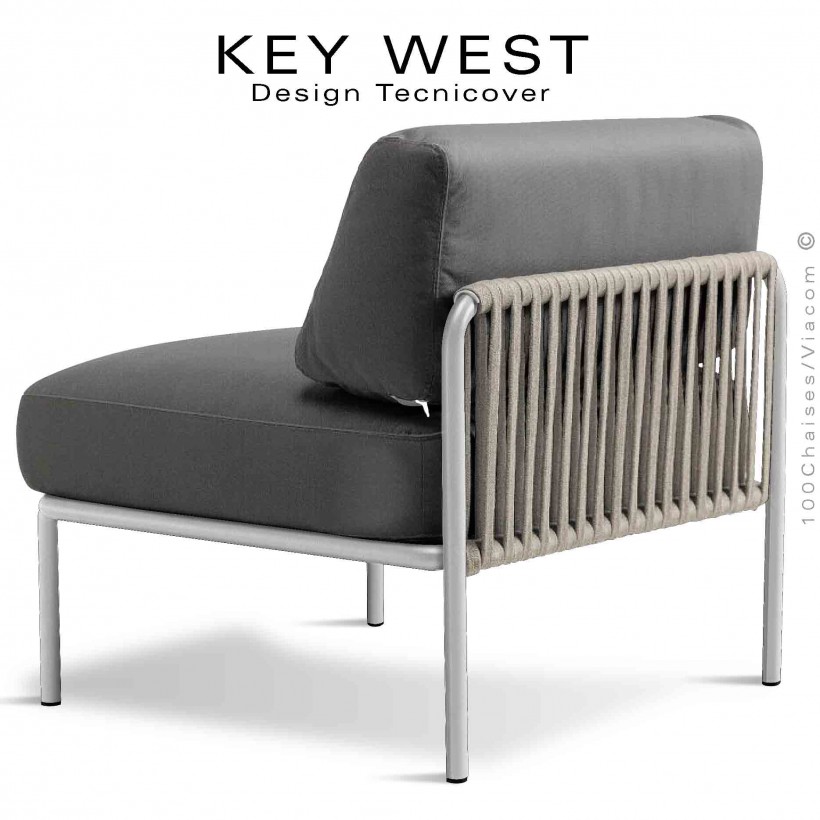 Module central banquette KEY-WEST, acier peint blanc perle, assise 2 coussins tissu gris foncé, tressage corde crème.