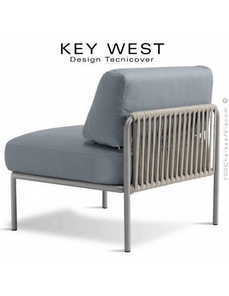 Module central banquette KEY-WEST, structure gris Tourterelle, assise 2 coussins tissu argent, tressage corde crème.