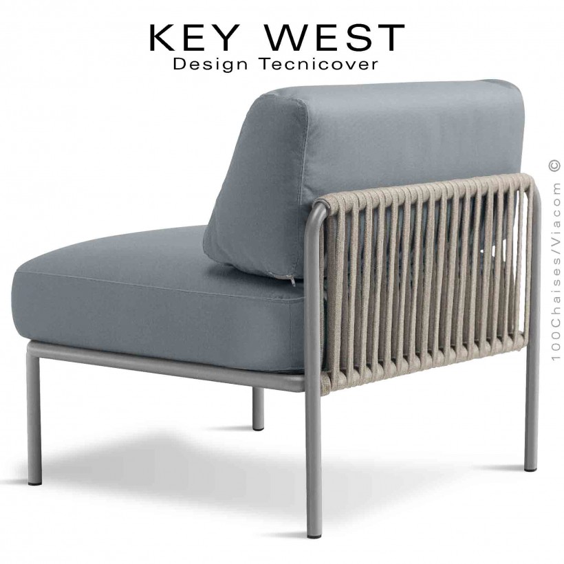 Module central banquette KEY-WEST, structure gris Tourterelle, assise 2 coussins tissu argent, tressage corde crème.