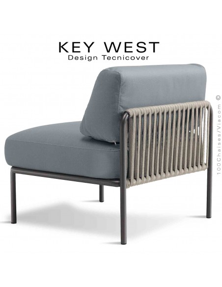 Module central banquette KEY-WEST, structure peint noir, assise 2 coussins tissu argent, tressage corde crème.