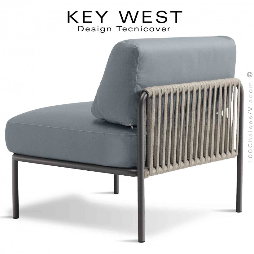 Module central banquette KEY-WEST, structure peint noir, assise 2 coussins tissu argent, tressage corde crème.