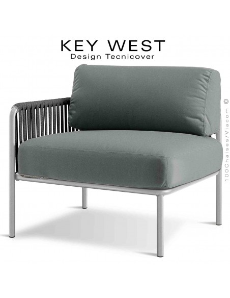 Module gauche banquette lounge KEY-WEST, structure blanc perle, coussins tissu gris-argent, tressage corde noir.