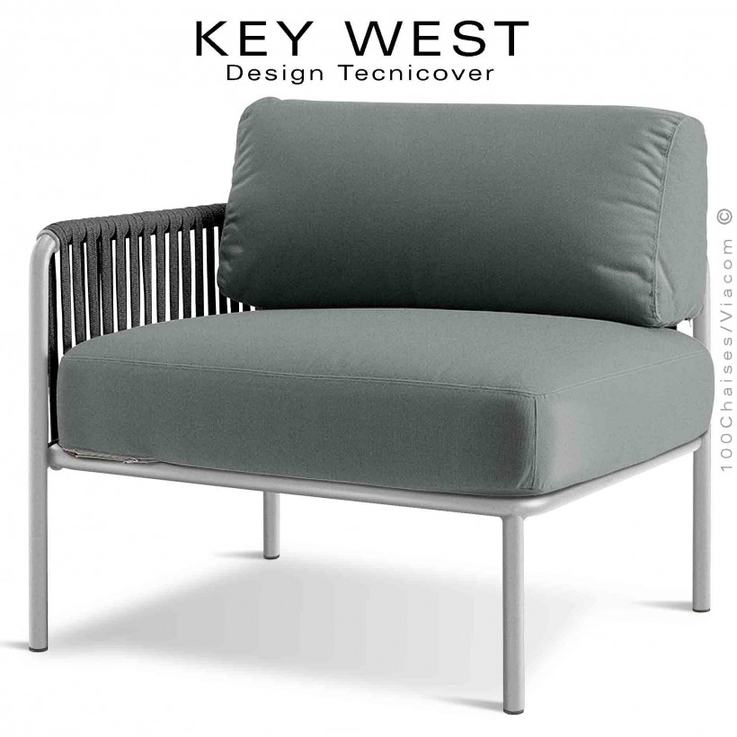 Module gauche banquette lounge KEY-WEST, structure blanc perle, coussins tissu gris-argent, tressage corde noir.