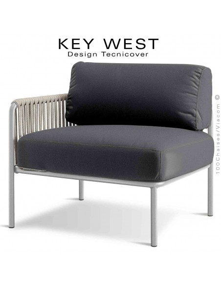 Module gauche banquette lounge KEY-WEST, structure blanc perle, coussins tissu gris foncé, tressage corde crème.