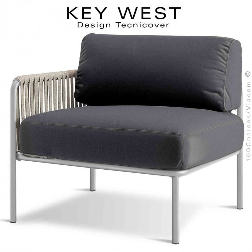 Module gauche banquette lounge KEY-WEST, structure blanc perle, coussins tissu gris foncé, tressage corde crème.