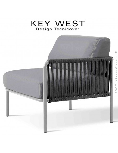 Module droit banquette KEY-WEST, avec accoudoir, acier peint blanc perle, assise habillage tissu argent, corde noir.