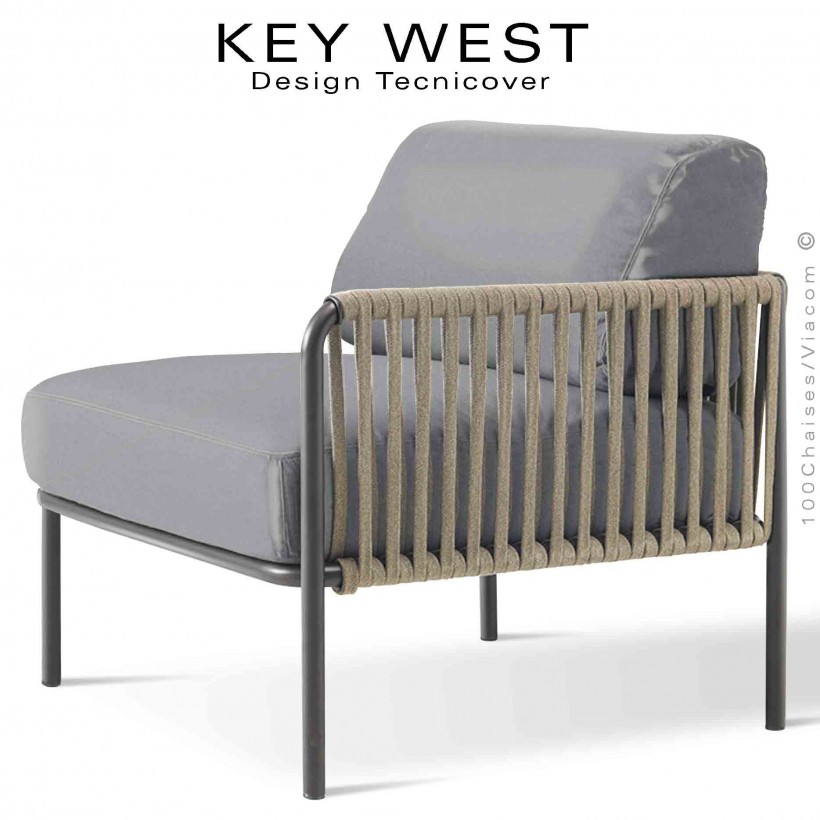 Module droit banquette KEY-WEST, avec accoudoir, acier peint noir, assise habillage tissu gris-argent, corde crème.