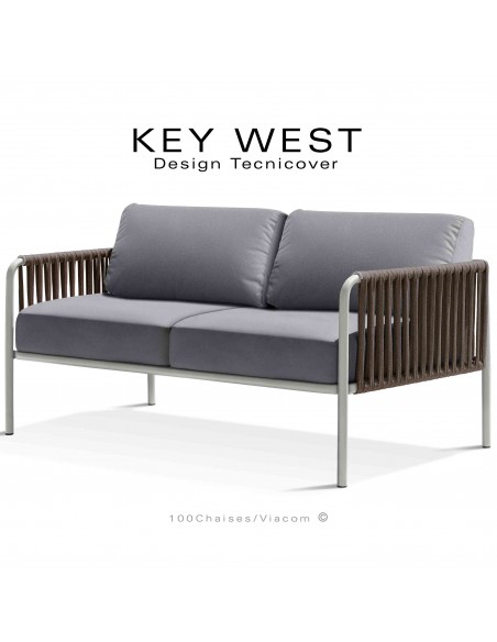 Canapé d'extérieur KEY-WEST, acier blanc perle, assise 2 places avec coussins tissu argent, tressage corde marine taupe.