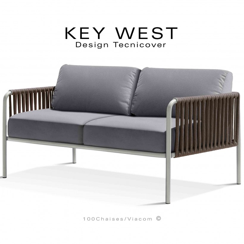 Canapé d'extérieur KEY-WEST, acier blanc perle, assise 2 places avec coussins tissu argent, tressage corde marine taupe.