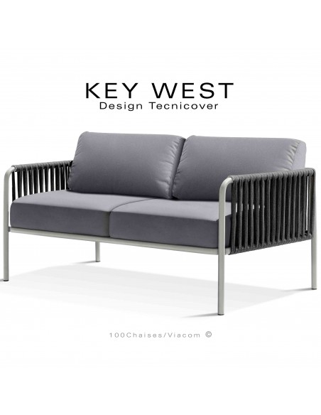 Canapé d'extérieur KEY-WEST, acier blanc perle, assise 2 places avec coussins tissu argent, tressage corde marine noir.