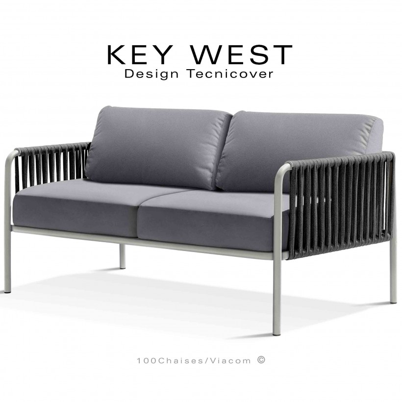 Canapé d'extérieur KEY-WEST, acier blanc perle, assise 2 places avec coussins tissu argent, tressage corde marine noir.