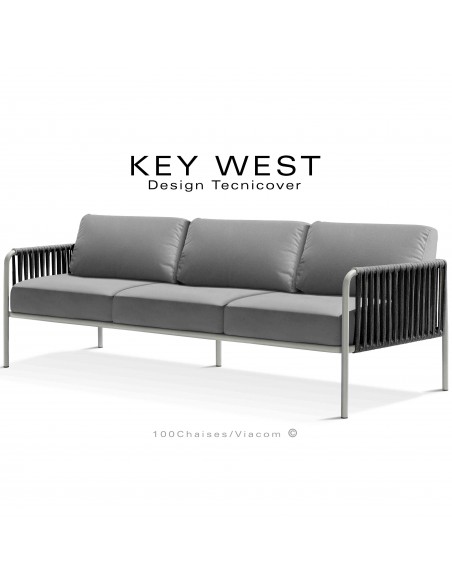 Canapé d'extérieur KEY-WEST, peint blanc perle, assise 3 places, coussins tissu argent, tressage corde marine noir.