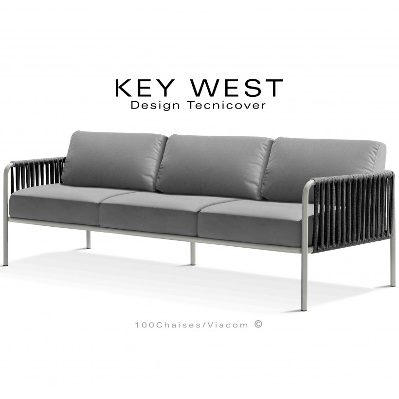 Canapé d'extérieur KEY-WEST, peint blanc perle, assise 3 places, coussins tissu argent, tressage corde marine noir.