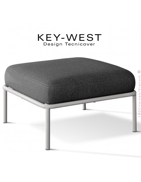 Pouf ou module banquette pour extérieur KEY-WEST, structure peint blanc perle, assise confort coussin, tissu gris foncé.