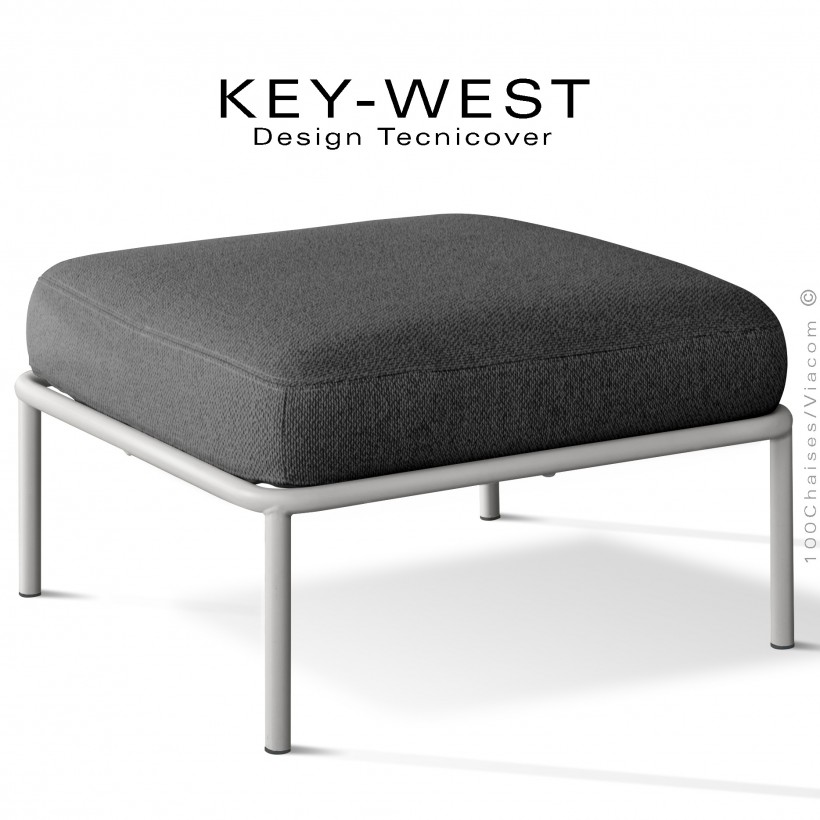 Pouf ou module banquette pour extérieur KEY-WEST, structure peint blanc perle, assise confort coussin, tissu gris foncé.