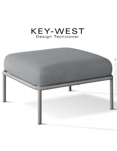 Pouf ou module banquette pour extérieur KEY-WEST, structure peint gris Tourterelle, assise confort coussin, tissu argent.