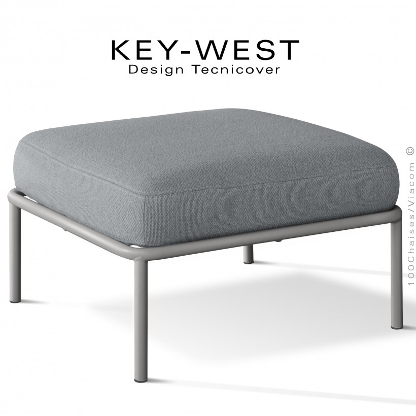 Pouf ou module banquette pour extérieur KEY-WEST, structure peint gris Tourterelle, assise confort coussin, tissu argent.