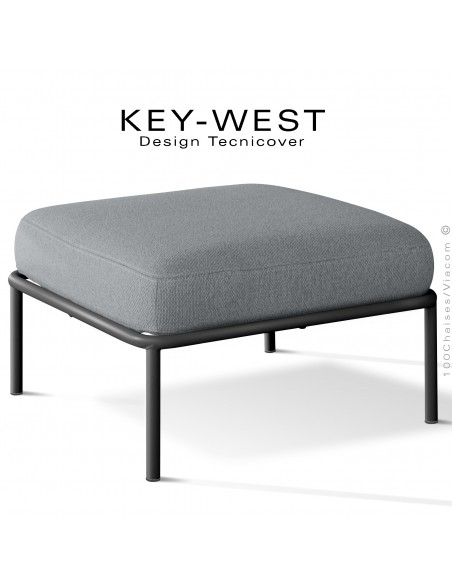 Pouf ou module banquette pour extérieur KEY-WEST, structure peint noir, assise confort coussin, tissu argent.