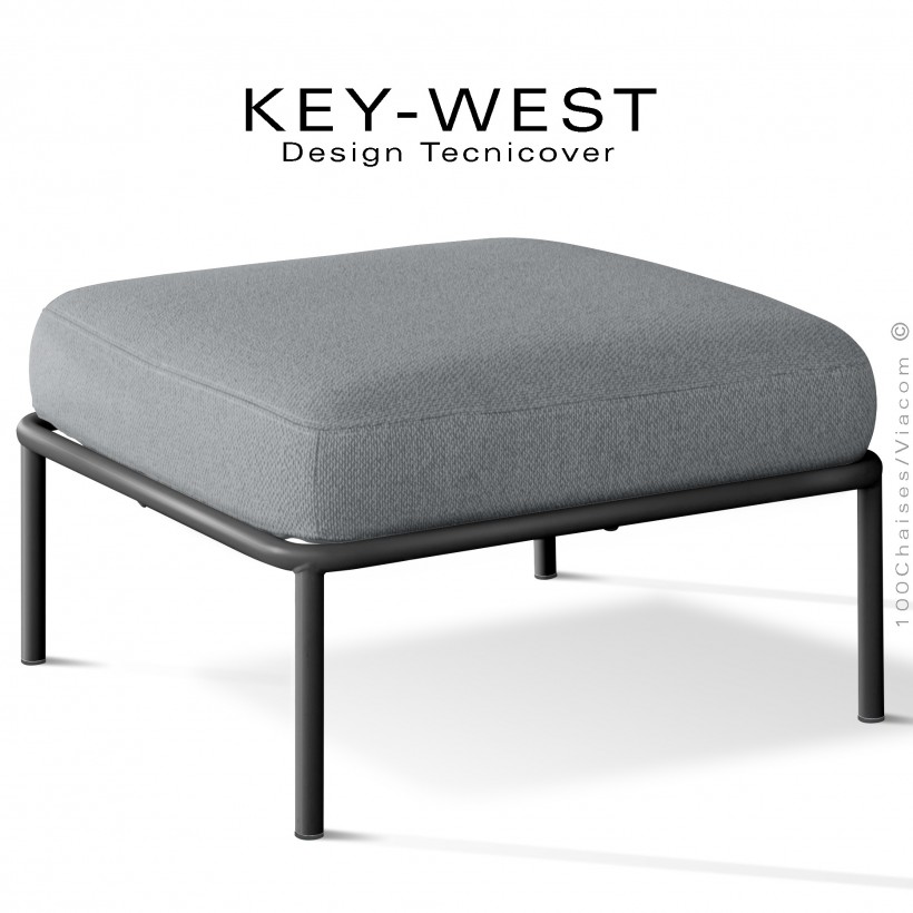 Pouf ou module banquette pour extérieur KEY-WEST, structure peint noir, assise confort coussin, tissu argent.