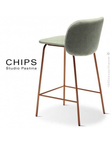 Tabouret de cuisine confort CHIPS-65, piétement acier peint Terracotta, assise et dossier cuir vert clair (pastel).