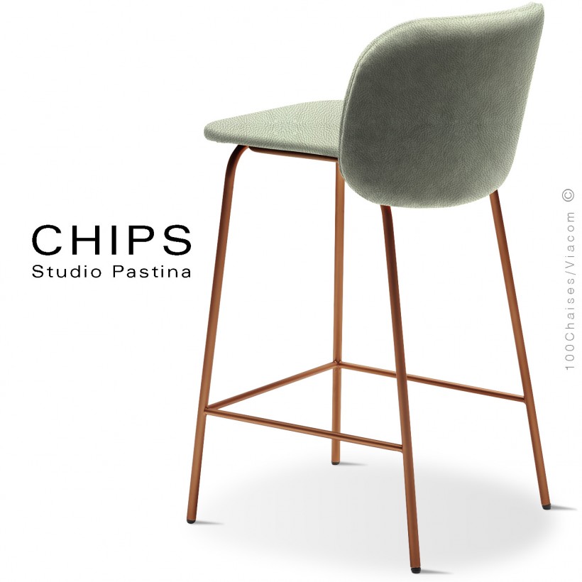 Tabouret de cuisine confort CHIPS-65, piétement acier peint Terracotta, assise et dossier cuir vert clair (pastel).