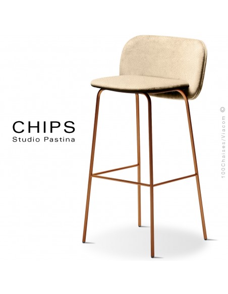 Tabouret de bar confort design CHIPS-80, piétement acier peint terracotta, assise et dossier cuir crème 1003.